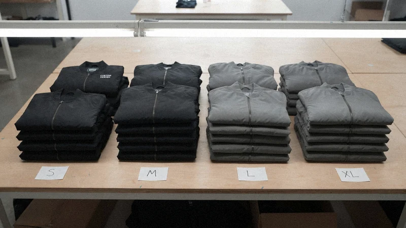 25 bomber jackets in black and grey piled by size S, M, L and XL