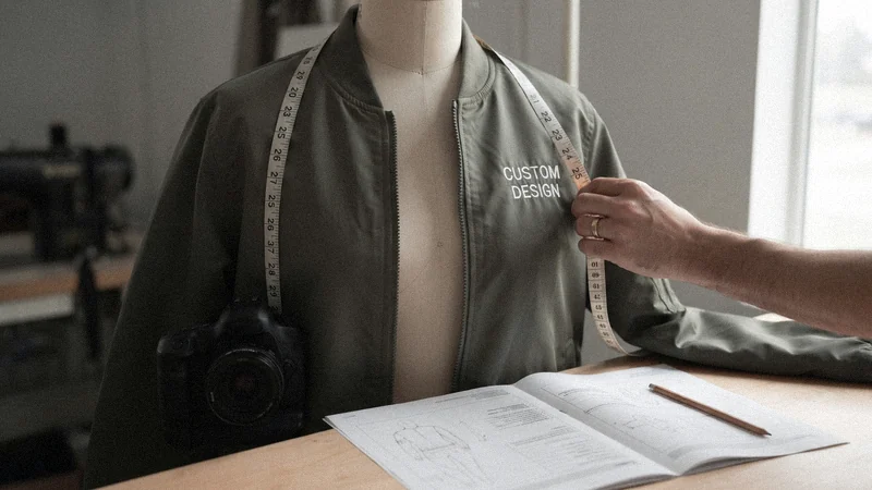 Sample bomber jacket with CUSTOM DESIGN embroidery on a dress form being measured