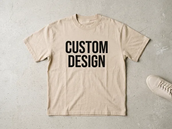 Boxy fit custom T-shirt with a CUSTOM DESIGN chest print laid flat