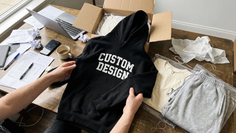 Clothing brand owner unboxing custom design hoodie samples from the manufacturer