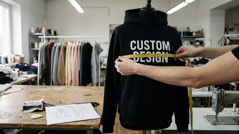 Pre-production custom design hoodie sample being measured on a dress form before bulk production