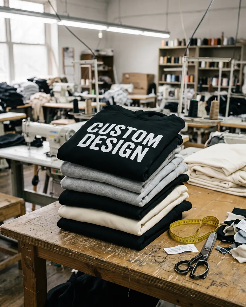 Custom clothing manufacturer: stack of custom design printed hoodies on a factory table