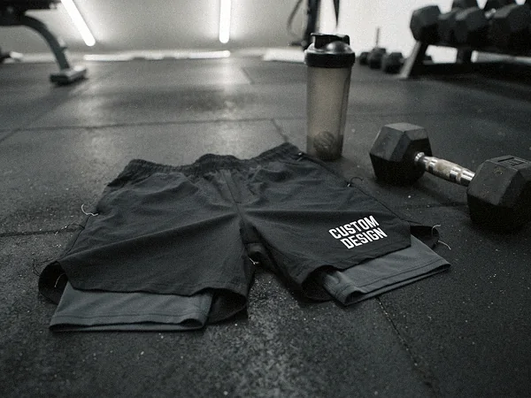 Fitness gym shorts with liner and CUSTOM DESIGN print on a gym rubber floor next to a dumbbell