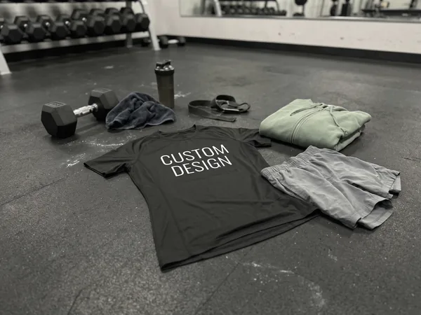 Custom fitness wear gym T-shirt, shorts and zip hoodie on a gym floor