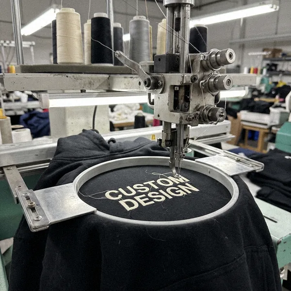 Embroidery machine stitching CUSTOM DESIGN on a hoodie chest