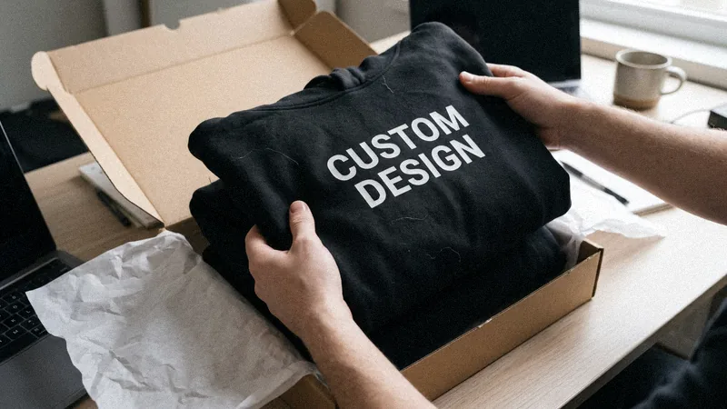 Brand owner unboxing custom hoodies with CUSTOM DESIGN print from the manufacturer