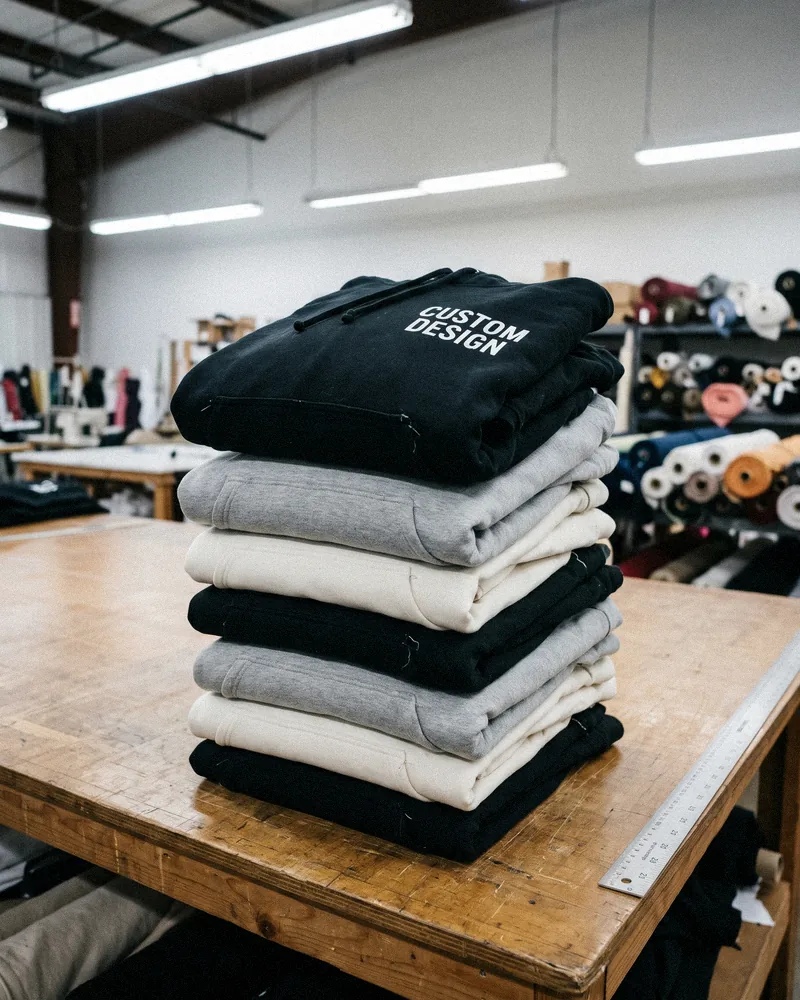 Custom hoodie manufacturer worktable with stacked heavyweight hoodies printed CUSTOM DESIGN