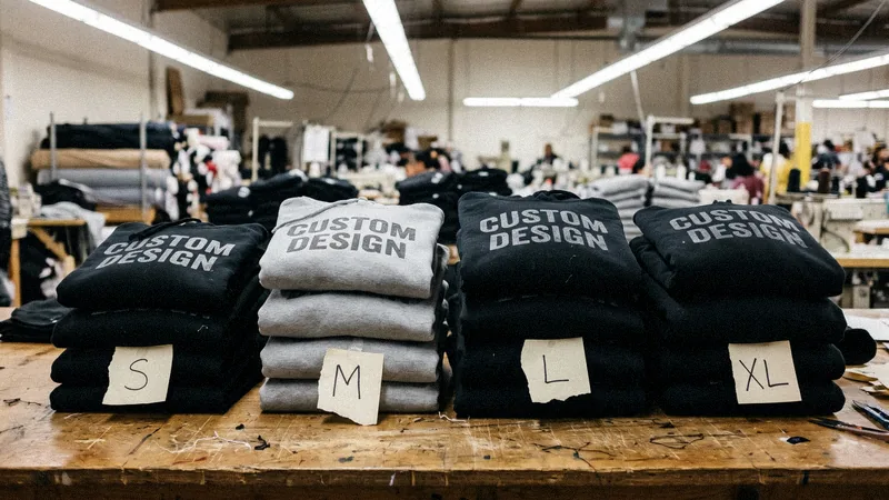 25 custom hoodies in black and grey piled by size S, M, L and XL at the custom hoodie manufacturer