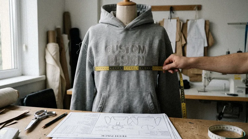 Sample hoodie on a dress form being measured with a tape next to a tech pack