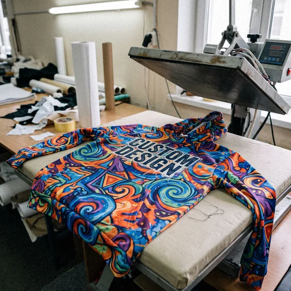 Sublimation printed polyester hoodie with all-over CUSTOM DESIGN pattern