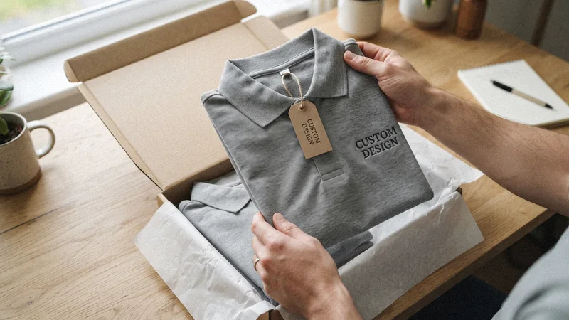 Brand owner's hands unboxing private label polo shirts with CUSTOM DESIGN embroidery and a branded hangtag