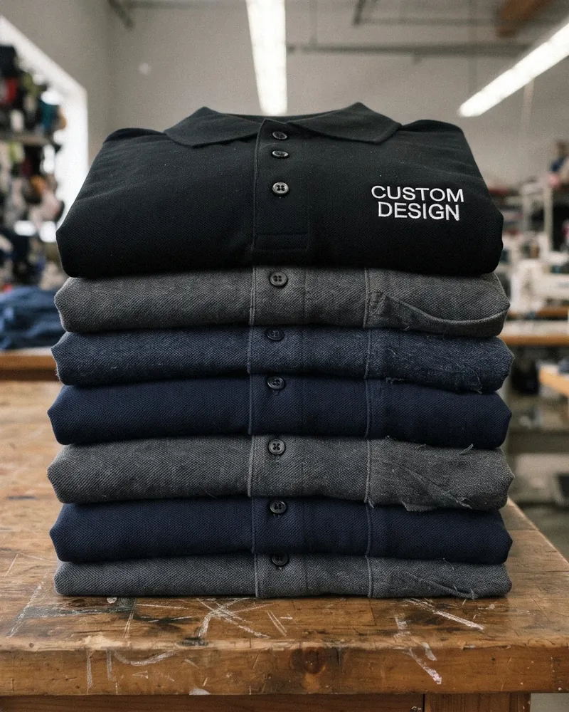 Stack of folded custom polo shirts with CUSTOM DESIGN chest embroidery on a factory table at a custom polo shirt manufacturer