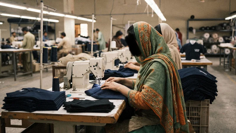 Workers sewing polo shirts at the Luxury Stitch custom polo shirt manufacturer factory in Sialkot