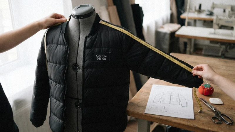 Sample puffer jacket with CUSTOM DESIGN label on a dress form being measured with a tape