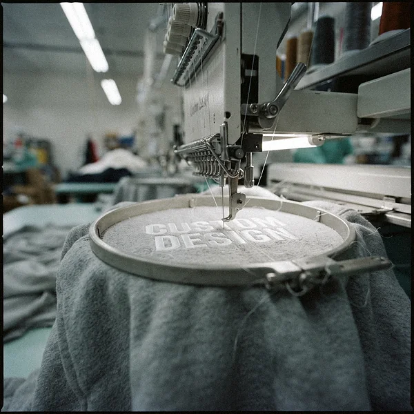 Embroidery machine stitching CUSTOM DESIGN on the leg of fleece shorts