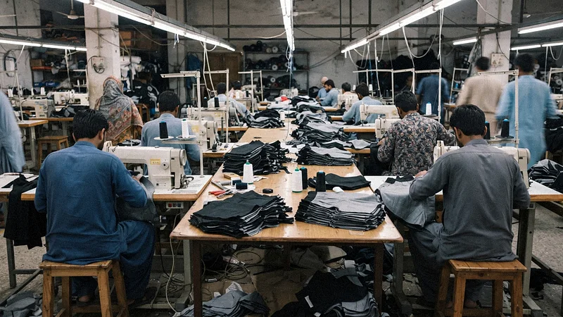 Workers sewing shorts in a garment factory in Sialkot