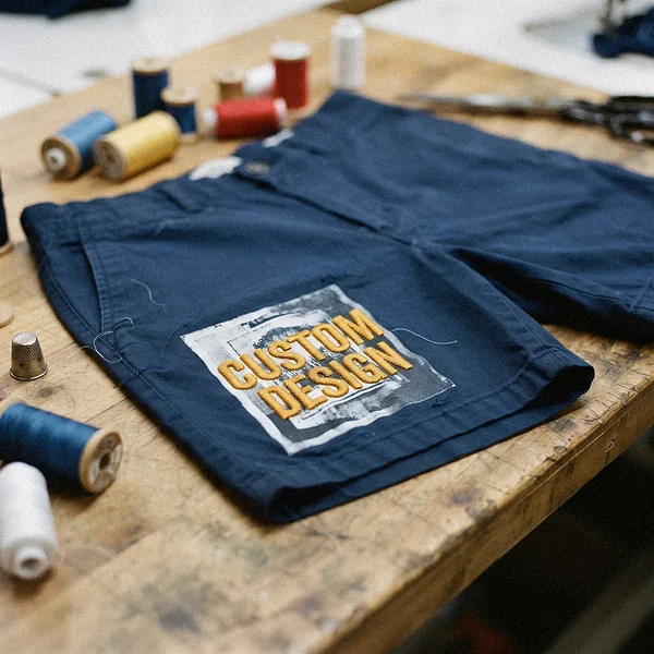 Shorts combining embroidery and print reading CUSTOM DESIGN