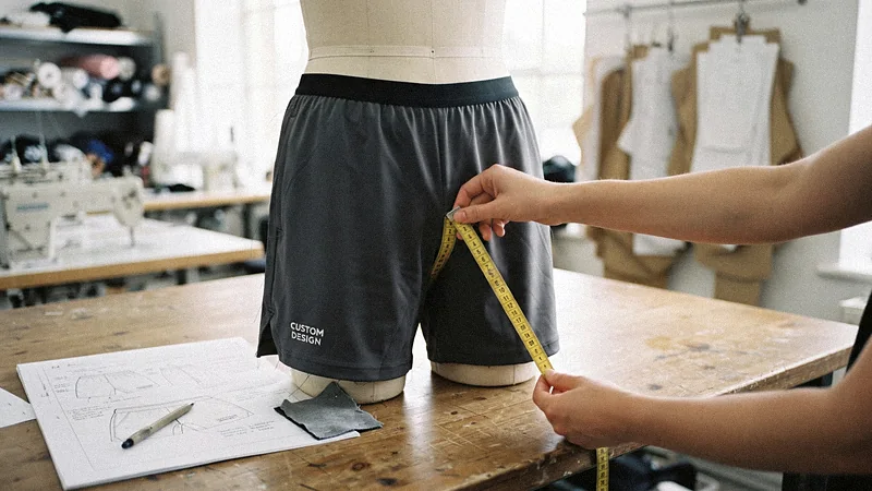 Sample shorts on a dress form being measured with a tape and tech pack