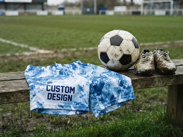 Sublimated team sportswear shorts with CUSTOM DESIGN on a bench beside a football pitch