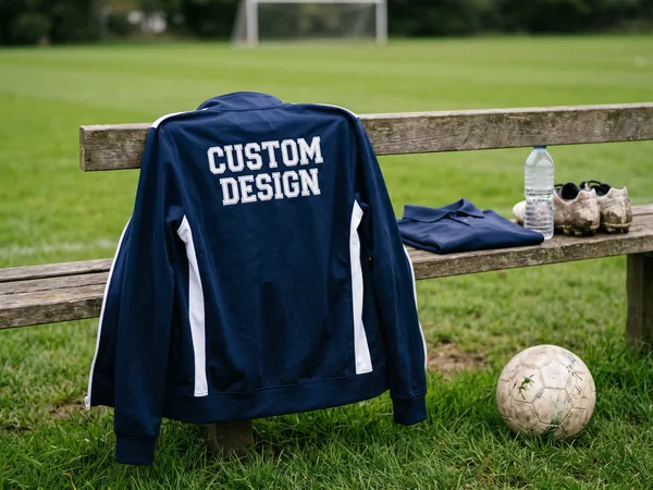 Custom sportswear team tracksuit jacket with embroidered back lettering beside a football pitch