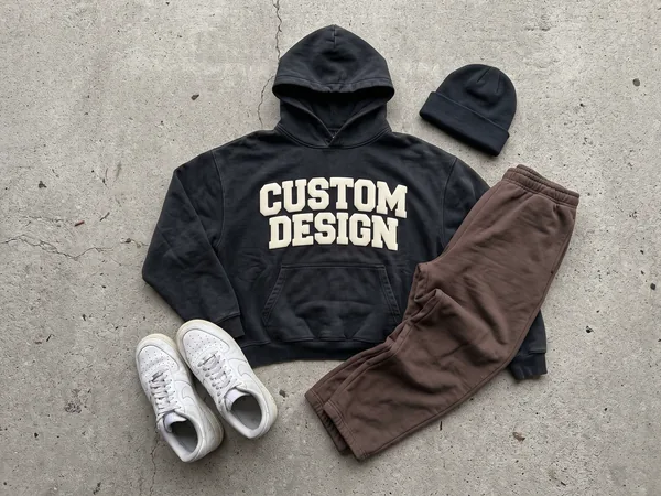 Custom streetwear hoodie with puff print, sweatpants and sneakers
