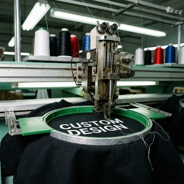 Embroidery machine stitching CUSTOM DESIGN on a sweatshirt chest