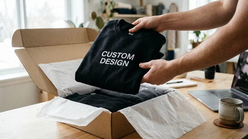 Brand owner unboxing custom crewneck sweatshirts from the manufacturer