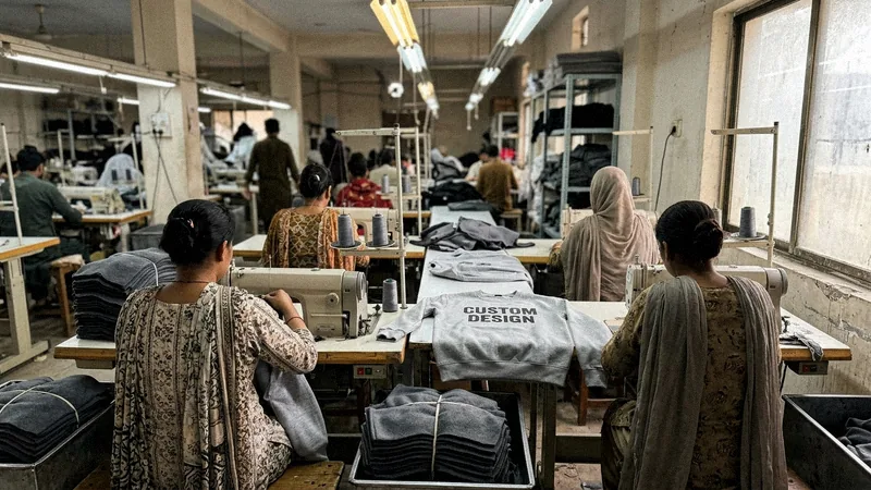 Workers stitching custom sweatshirts in the Luxury Stitch factory