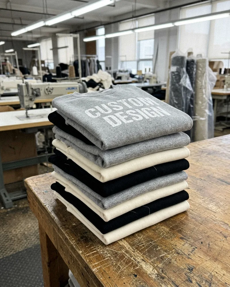 Custom sweatshirt manufacturer factory table with stacked crewneck sweatshirts printed CUSTOM DESIGN