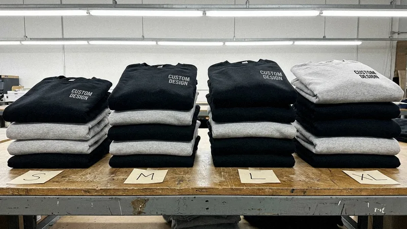 25 custom sweatshirts in black and grey piled by size S, M, L and XL