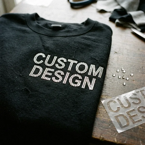 Rhinestone CUSTOM DESIGN lettering on a black sweatshirt