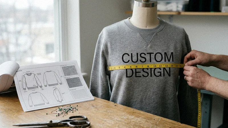 Sample sweatshirt on a dress form being measured next to a tech pack