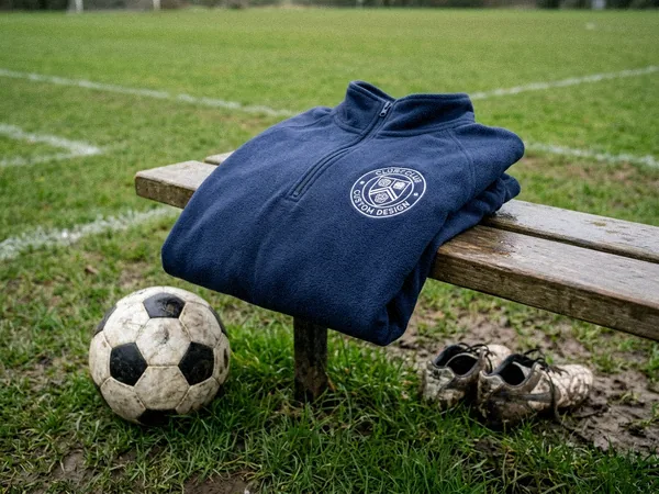 Team quarter-zip sweatshirt with embroidered crest on a football bench