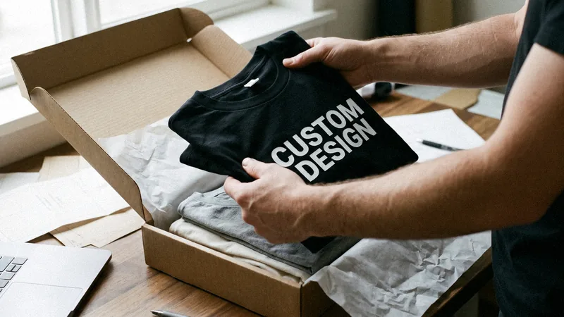 Brand owner's hands unboxing custom T-shirts with a CUSTOM DESIGN print from a mailer box