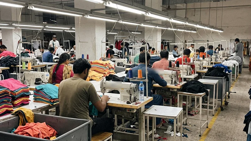 Garment workers sewing custom T-shirts at a factory production line in Sialkot