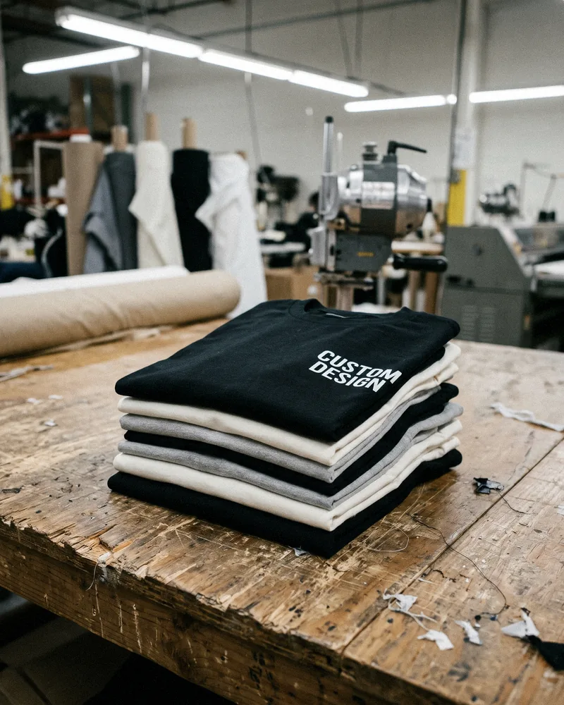 Custom T-shirt manufacturer factory table with a stack of folded heavyweight tees printed with CUSTOM DESIGN