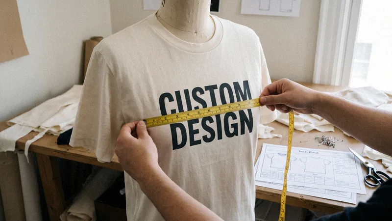 Sample custom T-shirt on a dress form being measured with a tape next to a tech pack