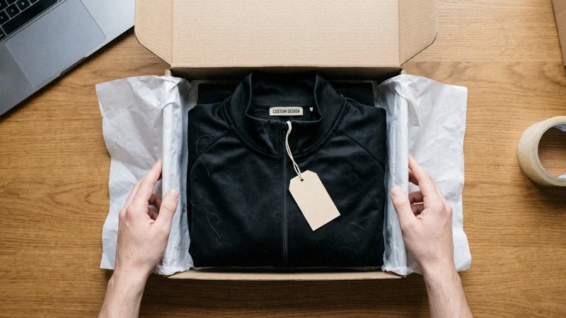 Brand owner's hands unboxing a custom tracksuit set with woven neck label and hangtag