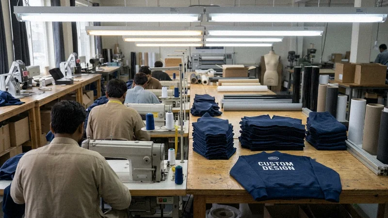 Garment workers stitching tracksuit jackets in the Luxury Stitch factory, faces turned away