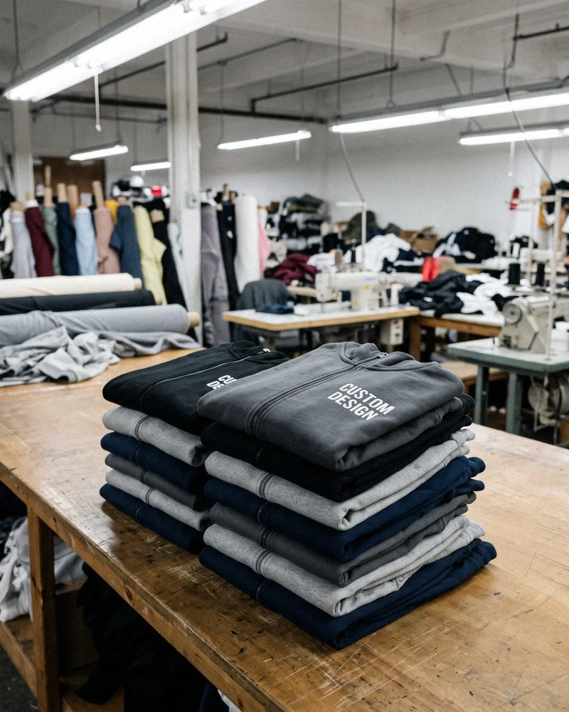 Custom tracksuit manufacturer factory table with folded jacket-and-pants sets printed CUSTOM DESIGN