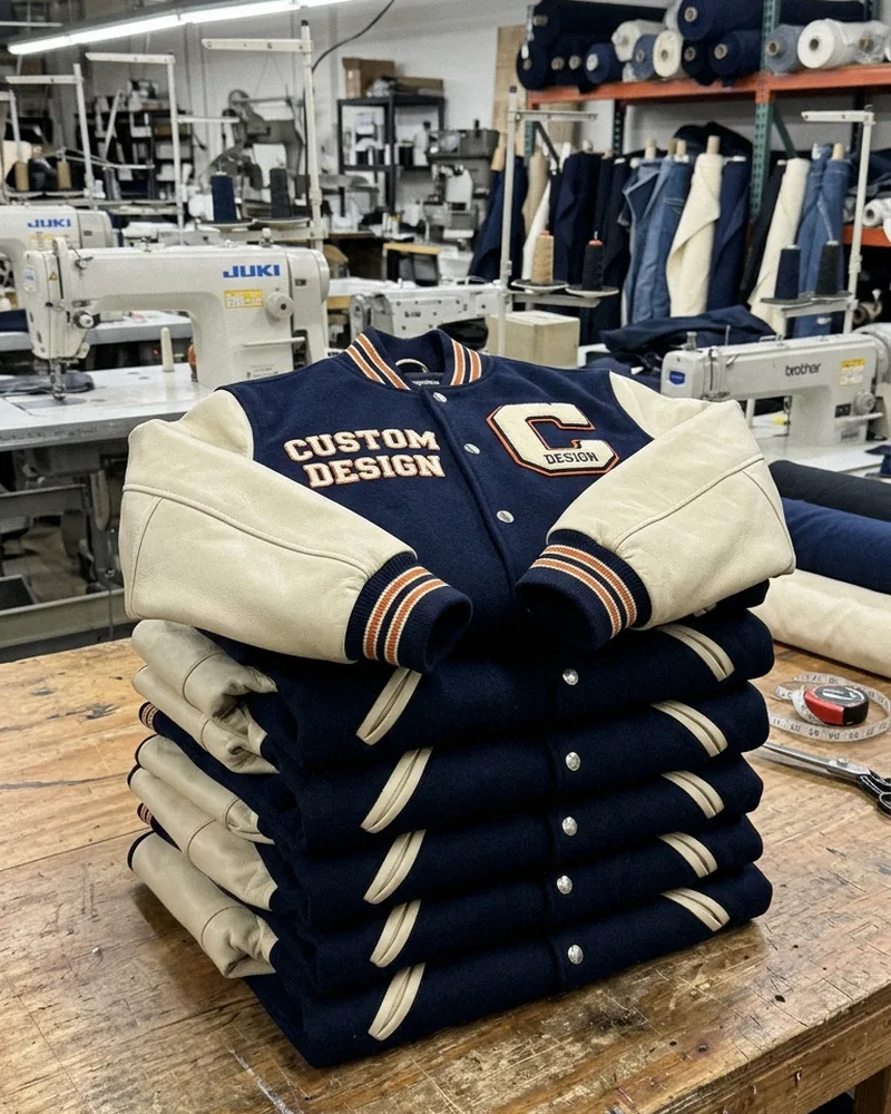 Custom varsity jacket manufacturer stacking finished wool and leather varsity jackets on a factory table