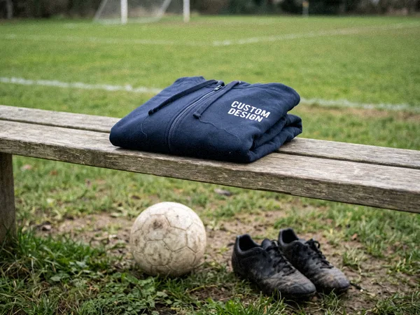 Zip-up sportswear hoodie with CUSTOM DESIGN print on a bench beside a football pitch
