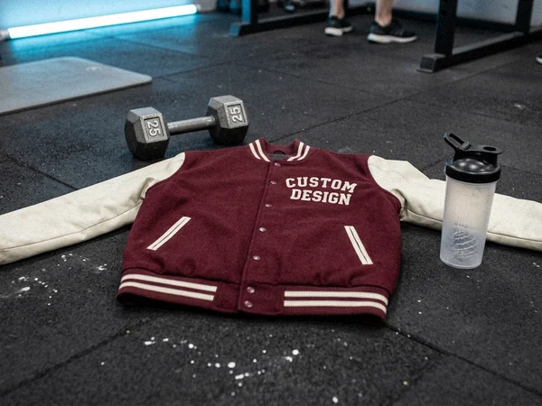 Lightweight fleece varsity jacket on a gym rubber floor next to a dumbbell