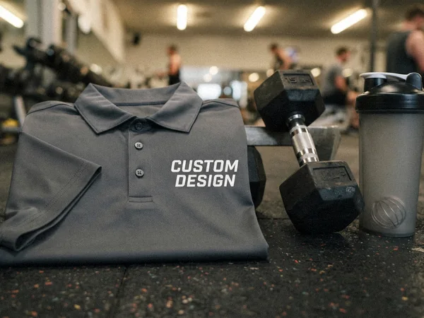 Stretch performance fitness polo shirt with CUSTOM DESIGN print on a gym rubber floor with a dumbbell