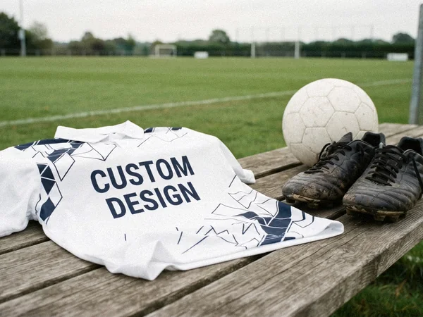 Dry-fit sportswear golf polo shirt with CUSTOM DESIGN sublimation print on a bench beside a ball