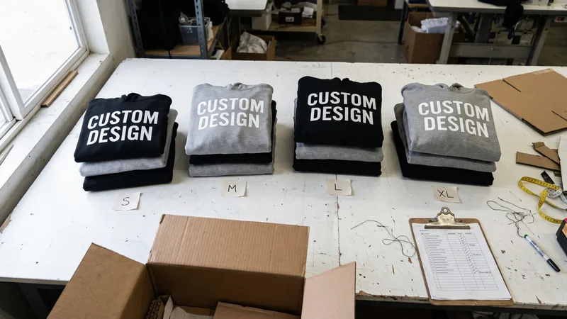 Low MOQ order: 25 custom design hoodies in black and grey sorted by size S, M, L and XL