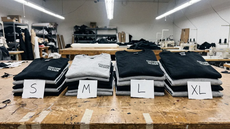 25 custom T-shirts in black and grey piled by size S, M, L and XL