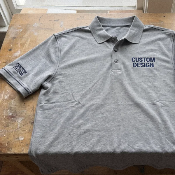 Polo shirt combining CUSTOM DESIGN chest embroidery with a printed sleeve detail