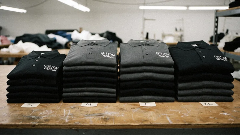 25 polo shirts in black and grey piled by size S, M, L and XL to show a mixed MOQ order