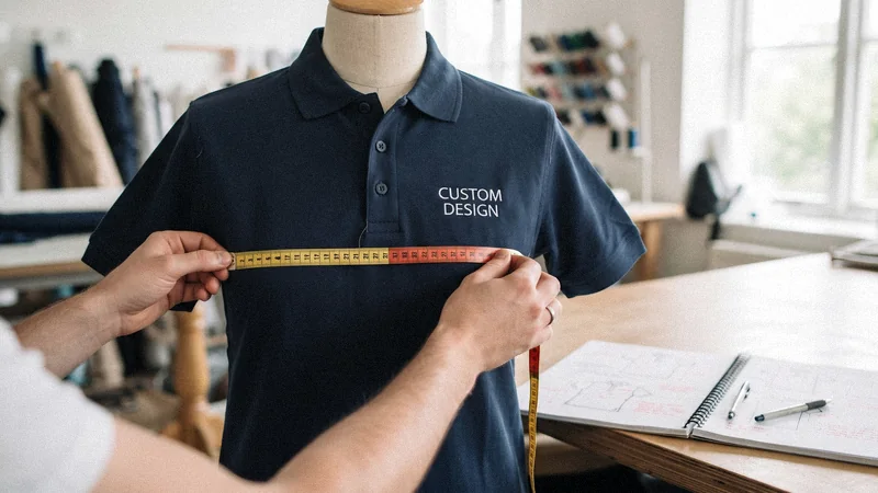 Sample polo shirt with CUSTOM DESIGN embroidery on a dress form being measured with a tape